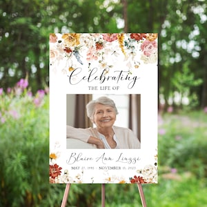 Wildflowers Cottage Floral Funeral Welcome Sign: Celebration of Life Photo Board, Memorial Sign