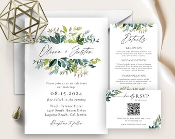 Sage Greenery Wedding Invitation Template, Eucalyptus Wedding Invite Set, Elegant, Minimalist, Minimalism, Greenery Watercolor, Modern