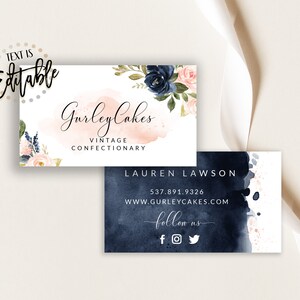 Business Card Template, DIY Self Editable Business Cards, Pink And Navy Floral, Blush Pink And Navy Blue Watercolor, Feminine image 4
