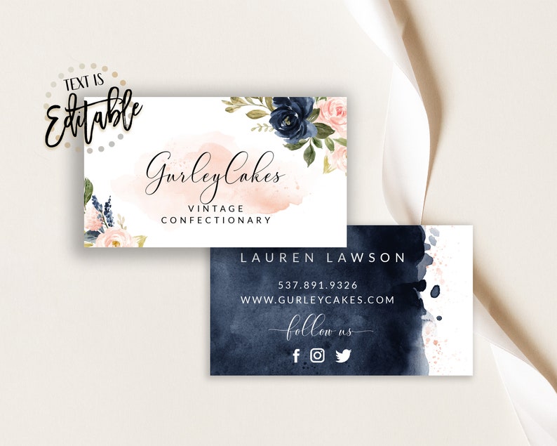 Business Card Template, DIY Self Editable Business Cards, Pink And Navy Floral, Blush Pink And Navy Blue Watercolor, Feminine image 4