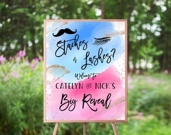 Staches or Lashes Gender Reveal Welcome Sign, Pink And Blue Watercolor Splash, Stashes, Blue Or Pink, Boy Or Girl, Welcome Poster, Gold