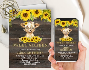 Op de afbeelding: Een rustieke houten achtergrond met een schattig cartoon Highland-koe die een zonnebloemenhoofdband draagt. De tekst "Sweet Sixteen" is geschreven in gouden letters met de woorden "Join us as we celebrate Julia's 16th Birthday" eronder. De uitnodiging bevat de datum, tijd, adres en RSVP-informatie.