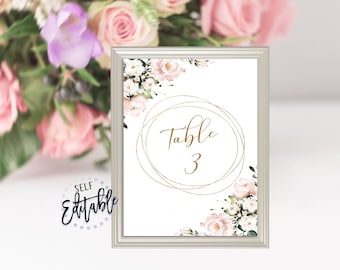 Pink Floral Table Numbers Template, Gold Frame, Table Sign, Baptism, First Communion, Christening, Decor, Pink Flowers, Watercolor