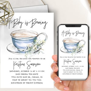 Blue Floral A Baby Is Brewing Invite, Tea Party, Coffee, Baby Shower Evite + Printable, Dusty Blue Greenery, Something Sweet Is Brewing