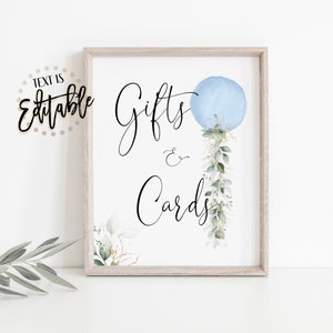 Blauwe aquarel ballon geschenken & kaarten teken, botanische eucalyptus vetplanten, jongen baby shower decor, groen ballon, cadeau tafel teken