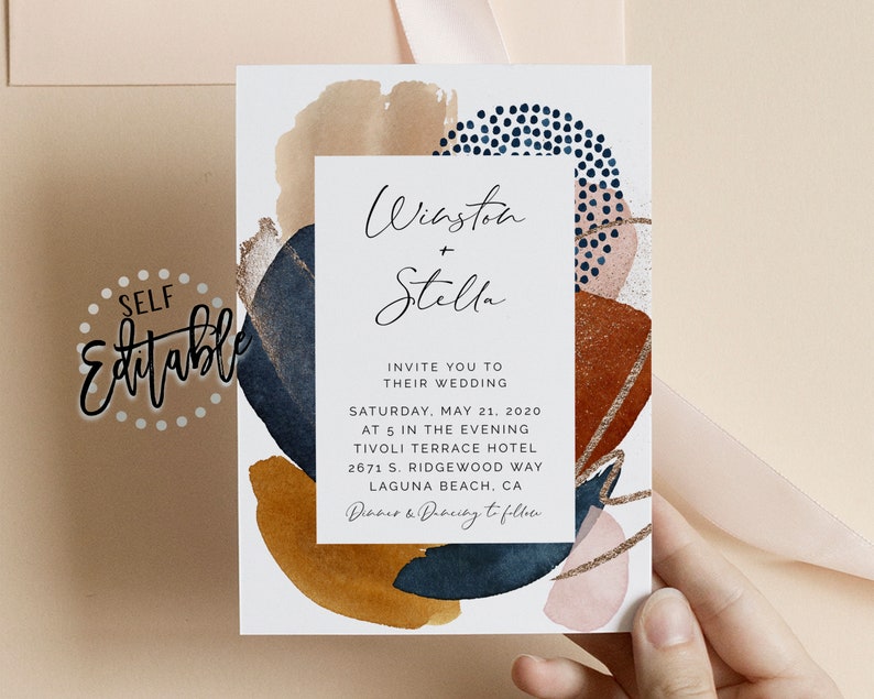 May include: Wedding invitation with abstract watercolor shapes in shades of blue, brown, pink, and gold. The text reads "Winston + Stella" and includes the date, time, and location of the wedding.