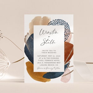 May include: Wedding invitation with an abstract design featuring shades of brown, blue, pink, and gold. The invitation reads "Winston + Stella" and includes the wedding date, time, location, and RSVP information.