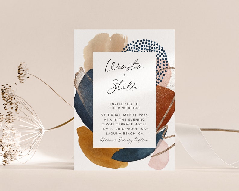 May include: Wedding invitation with an abstract design featuring shades of brown, blue, pink, and gold. The invitation reads "Winston + Stella" and includes the wedding date, time, location, and RSVP information.