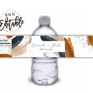 Abstract Water Bottle Label Template, ANY Occasion, Navy Blue and Terracotta Watercolor, Burnt Orange, Wedding Labels, Gold Glitter