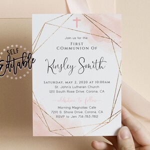 Blush Pink Watercolor First Communion Invite, Girl Dedication, Gold Geometric Frame Watercolor Splash, Cross, Peach, Modern, Editable