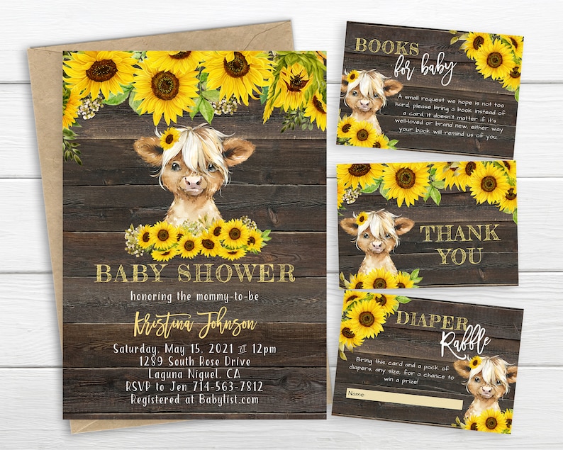 Sunflower Highland Cow Baby Shower Invitation Baby Calf Rustic Wood Sunflowers Greenery Farm Animals Barnyard Girl Or Boy
