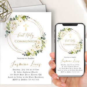 May include: White floral wreath with a gold cross and the text "First Holy Communion" on a white background. The text "honoring our daughter Jasmine Lewis" is below the wreath. The text "Saturday, July 21st at 11:00am St. John's Lutheran Church 1211 South Rose Drive. Corona, CA Lunch to follow at the Clark Residence RSVP to Debbie 714-452-9136" is below the text.