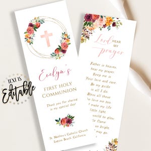 Marsala Floral First Communion Bookmark Template, Prayer Card, Girl, Pink Cross Gold Frame, Red Orange Flowers, Keepsake, First Holy, Favors