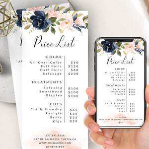Puede incluir: Una lista de precios para una peluquería con un diseño floral. La lista de precios incluye servicios como color completo, mechas completas, mechas a medias, balayage, tratamientos relajantes, smartbond, olaplex, corte y secado, rediseño, caballeros y niños.