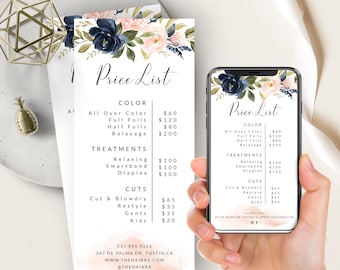 Editable Price List, Blush And Navy Floral Watercolor, Printable+Digital, Salon Price Sheet, Hairdresser, ANY BUSINESS, DIY Price Guide