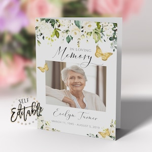 Programa funerario de mariposa floral blanca, servicio funerario, en memoria amorosa, mariposas doradas, tamaño de carta de EE. UU., servicio conmemorativo, obituario