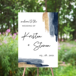 Navy Blue & Gold Wedding Welcome Sign, Watercolor Splash, Abstract Minimalist, Gold Glitter, Minimalism, Modern Calligraphy, Welcome Poster