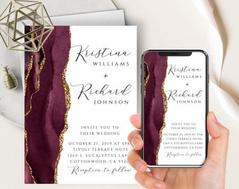 Burgundy Merlot Wedding Phone Evite+Printable Invite, Gold Agate Geode Watercolor, Electronic Digital, Modern, Minimalist, Maroon