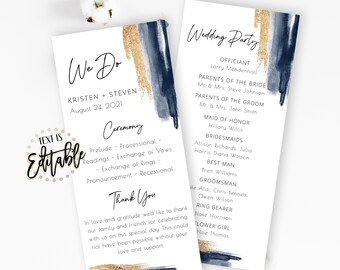 Aquarell Hochzeitsprogramm Vorlage, druckbare Zeremonie Vorlage, dunkelblau und gold Aquarellfarbe, Hochzeitsfeier, Tee Länge, bearbeitbar