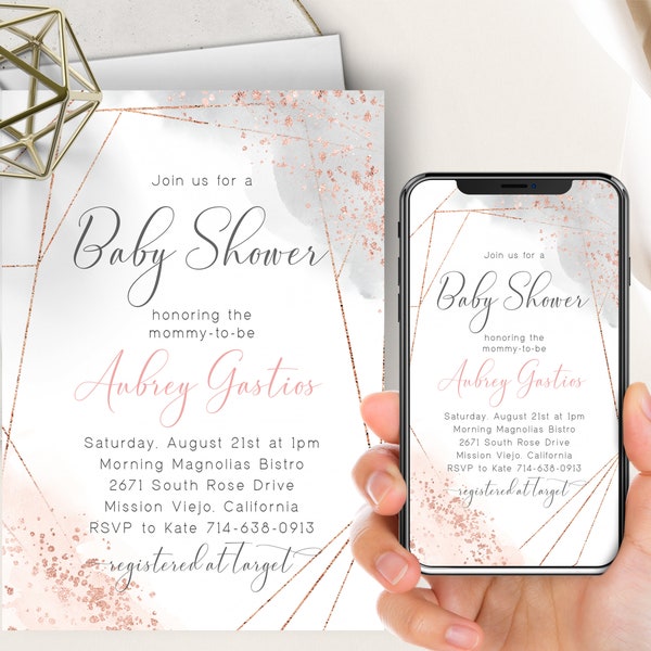 Rose Gold And Gray Watercolor Splash Phone Evite+Printable Invite, Girl Baby Shower, Blush Pink Watercolor, Geometric Frame, Blush Pink