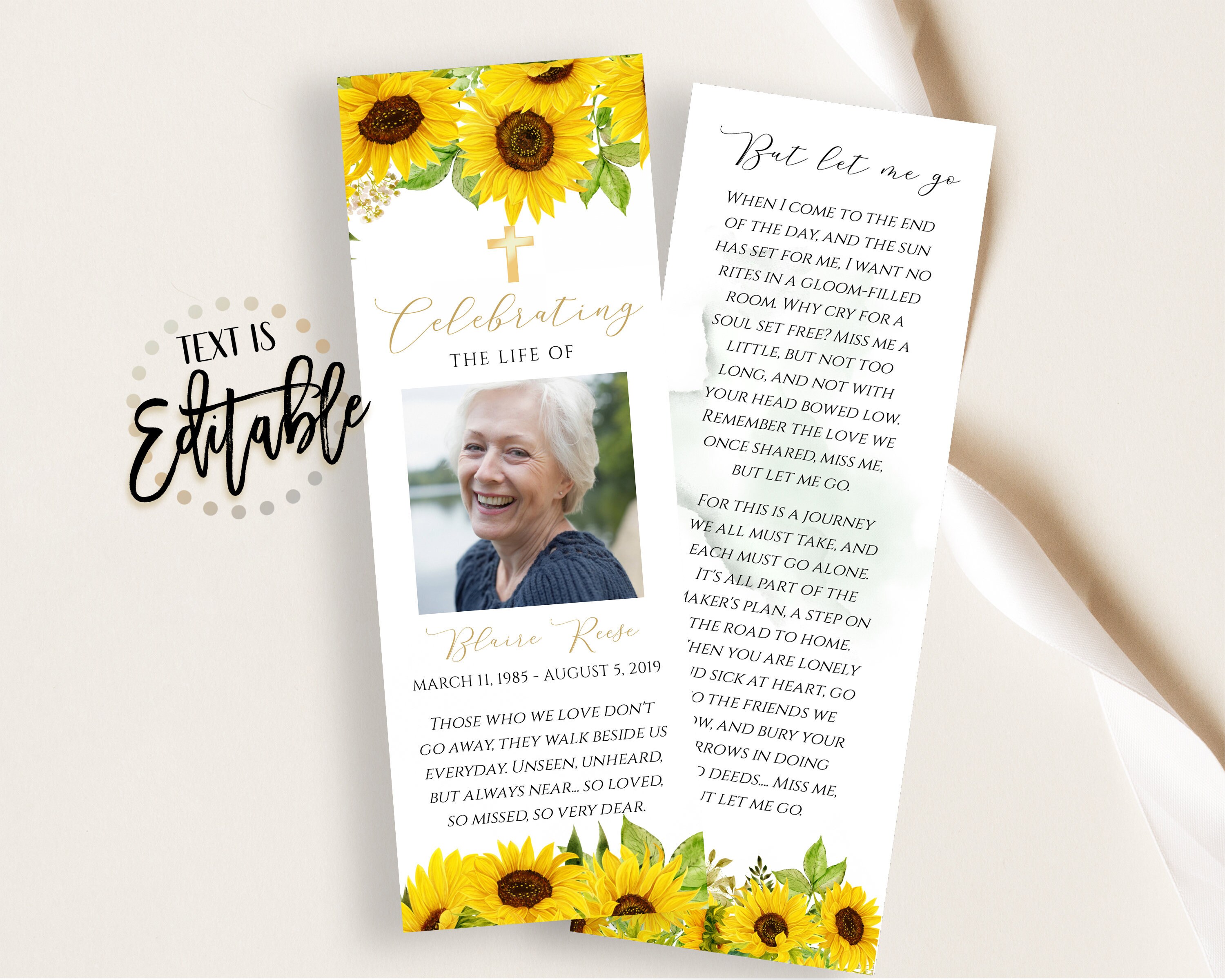 Sunflower Funeral Bookmark Template Yellow Floral Printable Etsy
