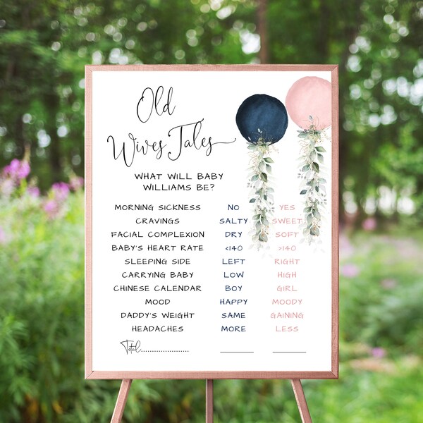 Pink and Navy Old Wives Tales Sign, 3 Sizes Included, Blush Pink and Navy Blue Watercolor Balloons, Eucalyptus Gold Greenery, Gender Reveal