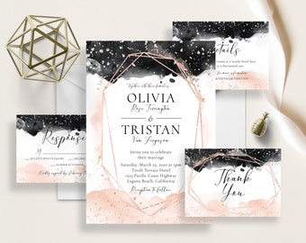 May include: Wedding invitation suite with a black and pink watercolor background and gold geometric accents. The invitation features the couple's names, wedding date, and location. The RSVP card includes a response section and the couple's names. The details card includes information about the wedding reception and the couple's names. The thank you card features a simple thank you message.