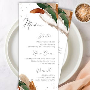 Emerald Green Abstract Wedding Menu Template, Terrracotta Burnt Orange And Gold Watercolor Splash, Abstract Minimalist, DIY Editable, Modern
