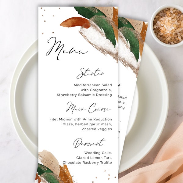 Emerald Green Abstract Wedding Menu Template, Terrracotta Burnt Orange And Gold Watercolor Splash, Abstract Minimalist, DIY Editable, Modern