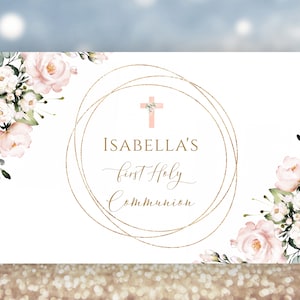 Rosa Blumen Erstkommunion Banner, 3 &#39;x 2&#39; Hintergrund, 1 Kommunion, Blush rosa Blumen, rosa Kreuz, Dekor, Mädchen Taufe Banner