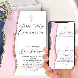 Watercolor Communion Phone Evite+Printable Invite, First Holy Communion, Pink And Navy Blue, 1st, Girl, Electronic, Digital, Agate Geode