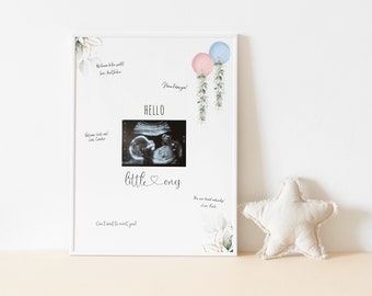 Ultraschall Bild Gästebuch Zeichen, Junge Mädchen Zwillinge, Rosa Und Blau Aquarell Ballon, Eukalyptus Sukkulenten Grün, Geschlecht offenbaren, Baby Shower