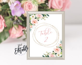 Blush Pink Floral Table Numbers Template, Gold Frame, Table Sign, Baptism, First Communion, Christening, Decor, Pink Flowers, Watercolor