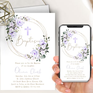 Lavender Floral Baptism Phone Evite+Printable Invite, Girl Christening, Purple Flowers, Gold Frame, First Communion, Cross, Text Message