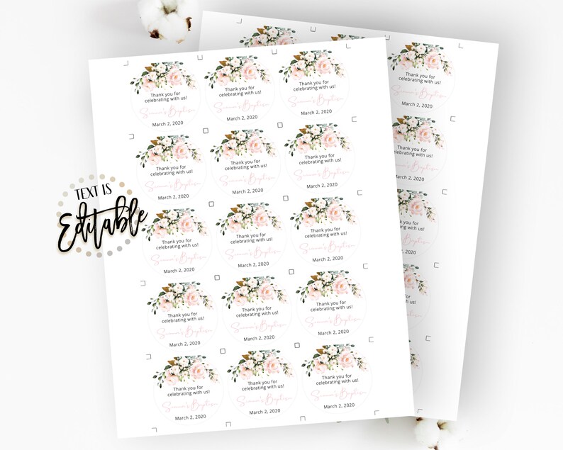Pink Floral Baptism Gift Tag, Blush Pink Roses Party Favor tags, EDITABLE, DIY Printable Tags, Thank You, Communion, Dedication, Template image 2