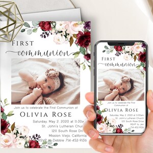 Marsala Floral Erstkommunion Telefon Evite + druckbare Invite, Blush Pink Burgund Rote Rosen, First Holy, Taufe, Electronic, Widmung