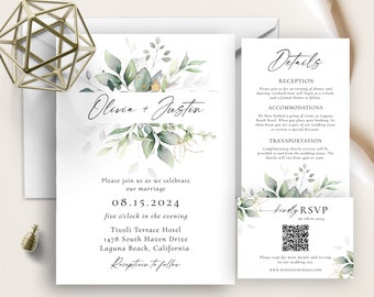 Boho Sage Greenery Wedding Invitation Template, Gold Leaves, Eucalyptus Wedding, Elegant, Minimalist, Minimalism, Greenery Watercolor,