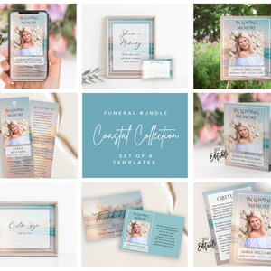 Küstensammlung Beerdigung Bundle-Set, Ocean Sonnenuntergang Gedenkpaket, Feier des Lebens, Willkommensschild, In liebevoller Erinnerung, Lesezeichen