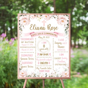Póster de comunión, tablero de hitos editable, primera comunión, acuarela floral rosa ruborizado, letrero de pizarra, niña, primera comunión
