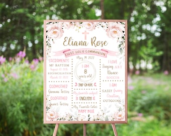Kommunion Poster, bearbeitbare Meilensteintafel, erste heilige Kommunion, errötendes rosa Blumenaquarell, Tafelschild, Mädchen, 1.Kommunion