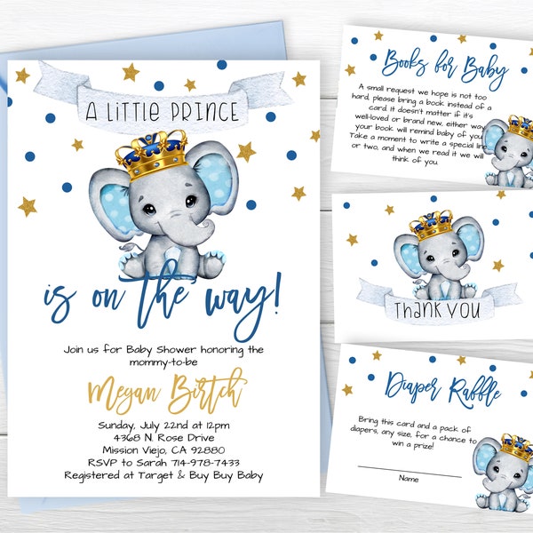 Invito per baby shower principe elefante, corona blu e oro, un piccolo principe sta arrivando, stelle, invito per baby shower ragazzo, elefante blu