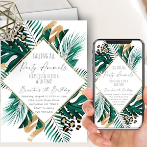 Safari Birthday Phone Evite+Printable Invite, Calling All Party Animals, Jungle Theme, Kids Birthday, Palm Leaves, Cheetah Print, Greenery