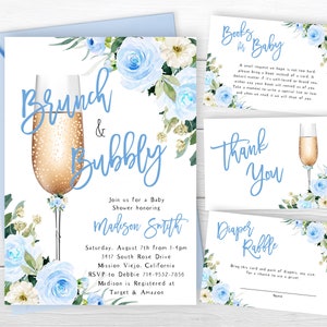 Blue Floral Brunch And Bubbly Baby Shower Invite Set, Baby Blue Flowers, Boy, Champagne Flute, Brunch Baby Shower Invitation, Greenery