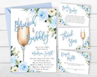 Blue Floral Brunch And Bubbly Baby Shower Invite Set, Baby Blue Flowers, Boy, Champagne Flute, Brunch Baby Shower Invitation, Greenery
