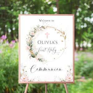 Botanical Frame Communion Welcome Sign, First Holy Communion, Pink Floral, Eucalyptus Succulents Greenery, Gold Frame, Girl, Decor, Poster