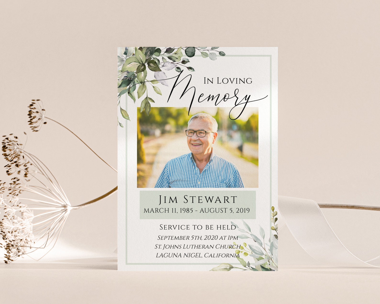 Greenery Memorial Announcement Evite+printable Invite, Sage Green ...