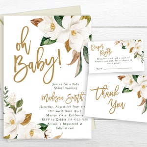 Magnolia Baby Shower Invite, White Magnolia Flowers, Oh Baby, Cotton Greenery, Gender Neutral, Bohemian, Boy Or Girl Invitation