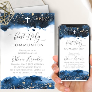 Blue Watercolor First Communion Phone Evite+Printable Invite, First Holy Communion, Royal Blue Watercolor Splash, Gold, Cross, Electronic