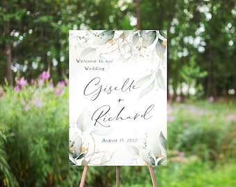 Greenery Gold Succulents Wedding Welcome Sign, Eucalyptus Botanical Leaves, Foliage, Boho Bohemian Wedding, Large Wedding Template, Editable