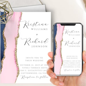 Rosa und marineblau Hochzeit Telefon Evite + Printable einladen, Achat Geode Aquarell, Gold, elektronisch, digital, modern, minimalistisch, erröten